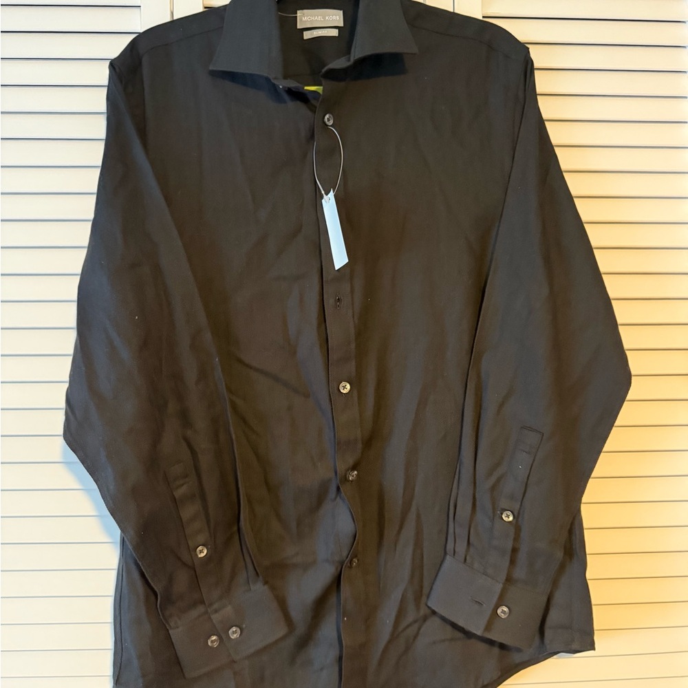 Michael Kors Black Slim Fit Shirt with Green Accents